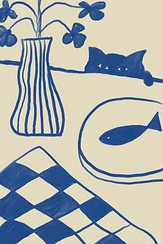 Blue Cat and Fish Art déco reproduction