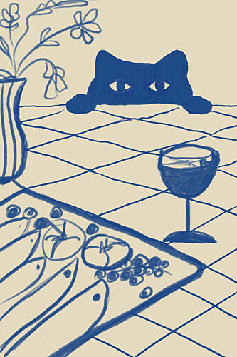 Curious Blue Cat Dinner Art déco reproduction