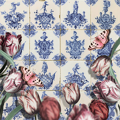 Butterflies and Delft Tulips Art déco reproduction