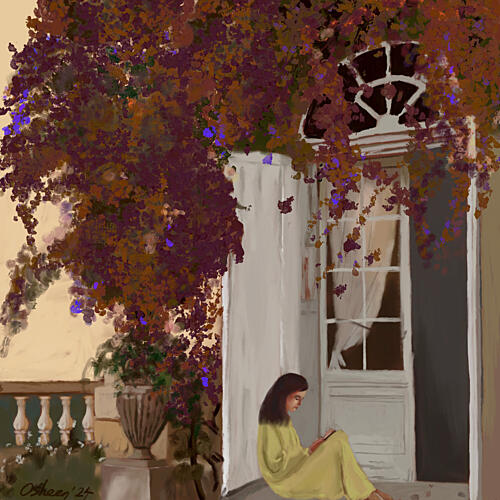 Serene Garden Reading Art Print by Osheensgallery