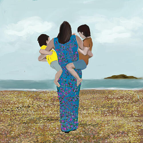Mother and Sons Beach Art Print by Osheensgallery