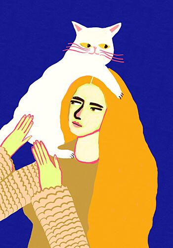 Whimsical Girl and Cat Art déco reproduction
