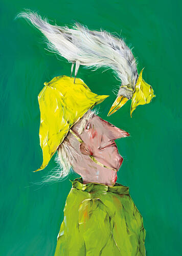 Whimsical Man with Bird Art Print by Natascha Baumgartner