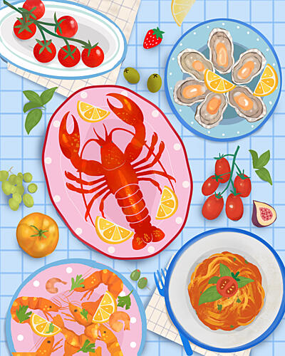 Vibrant Seafood Feast Art déco reproduction