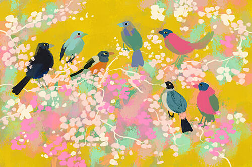 Vibrant Spring Birds Art déco reproduction
