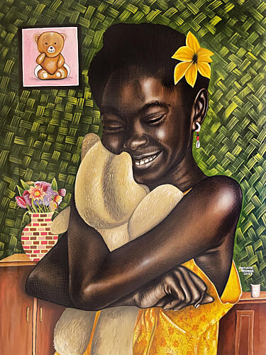 Joyful Girl with Teddy Bear Art Print by Ayotunde Ayomide