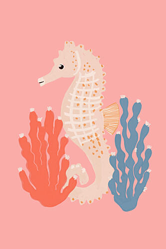 Cute Seahorse Coral Art déco reproduction