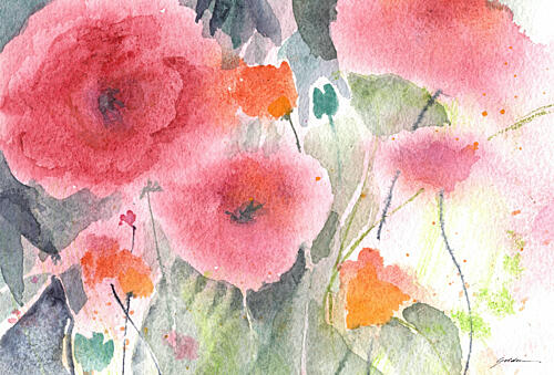 Pink Watercolor Poppies Art déco reproduction