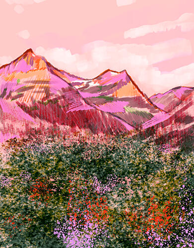 Vibrant Pink Mountains Impressionist Print