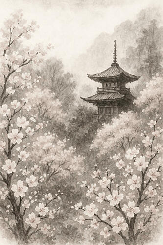 Japanese Pagoda Cherry Blossoms Art Print