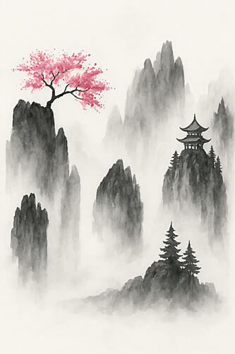 Japanese Mountain Landscape with Sakura Tree and Temple Art déco reproduction