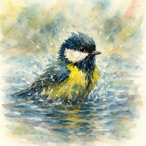 Splashing Blue Tit Watercolor Art Print