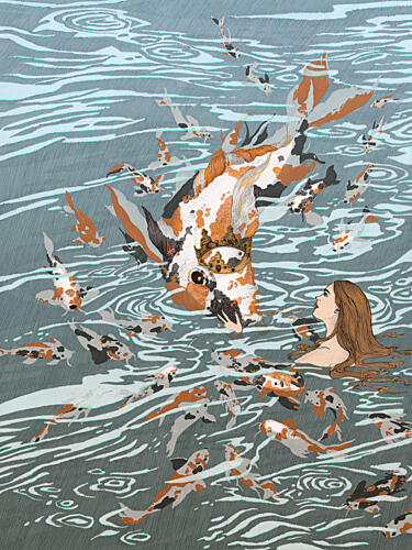 Crowned Koi and Girl Art déco reproduction