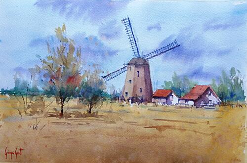 Rustic Windmill Landscape Gold Print