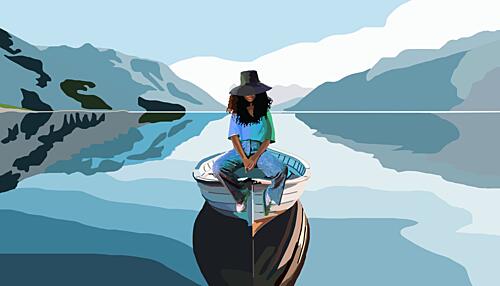 Woman on Mountain Lake Art Print