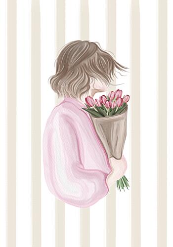 Woman with Pink Tulips Art Print by Lisen Vennesland