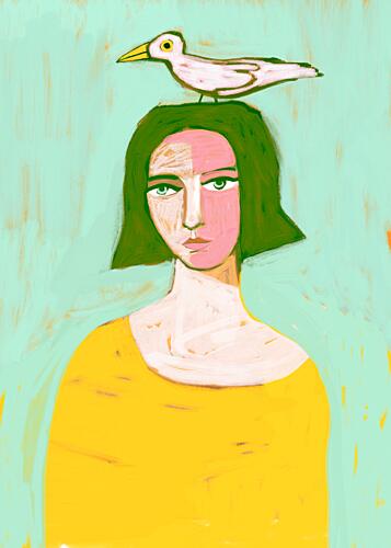 Serene Woman with Bird Art déco reproduction