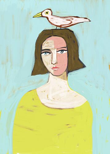 Whimsical Woman with Bird Art déco reproduction