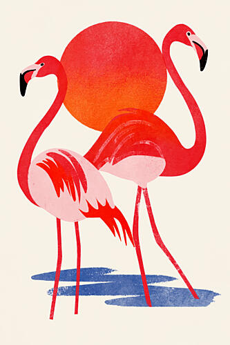 Tropical Flamingos Sunset Art déco reproduction