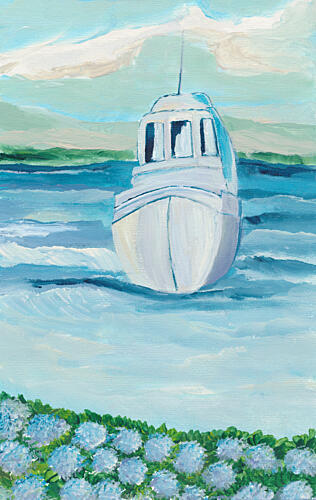 White Boat Blue Hydrangeas Art Print