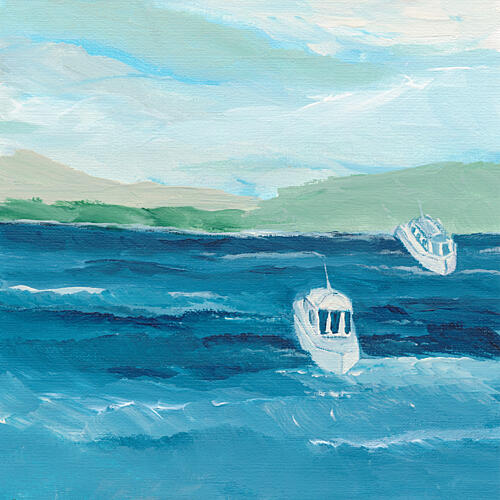 Two Boats Blue Water Art déco reproduction
