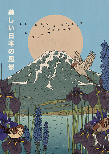Mount Fuji Sparrows Irises Art déco reproduction