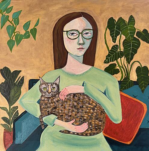 Cozy Woman with Cat Art déco reproduction