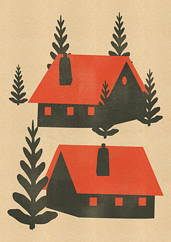 Red Roof Forest Cabins Art Print
