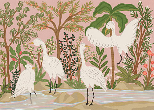 Peaceful Jungle Egrets Art déco reproduction