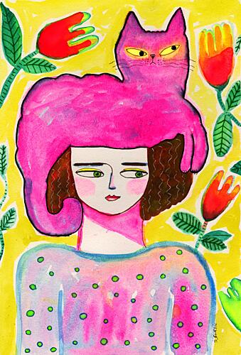 Girl with Pink Cat Art déco reproduction