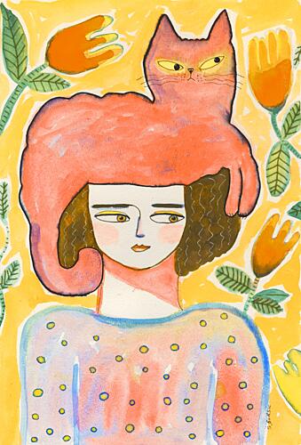 Woman with Cat Hat Art déco reproduction