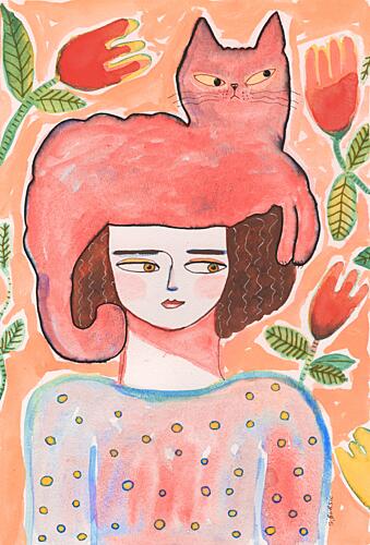 Woman with Cat Art déco reproduction
