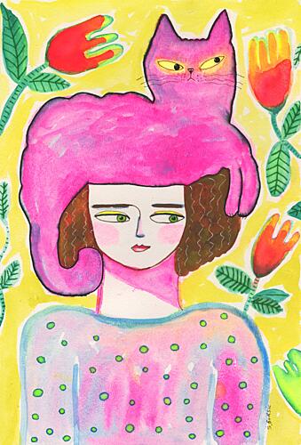 Whimsical Girl Pink Cat Art déco reproduction