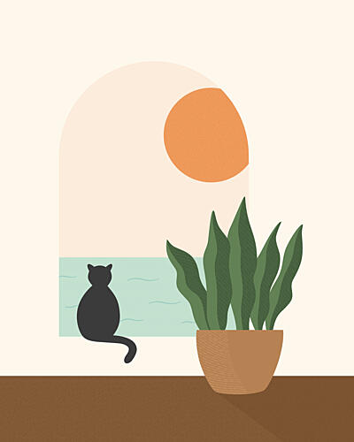 Minimalist Cat Ocean View Art déco reproduction