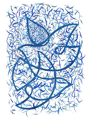Blue Abstract Dove Gold Print
