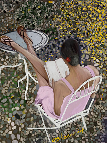 Peaceful Patio Reading Art Print by Osheensgallery
