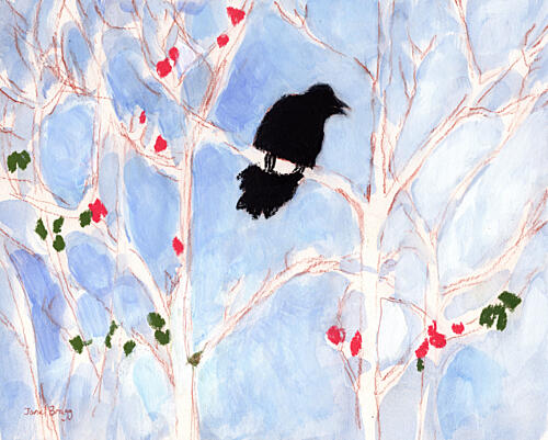 Winter Crow with Berries Art déco reproduction