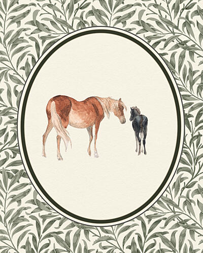 Mare and Foal Watercolor Art déco reproduction