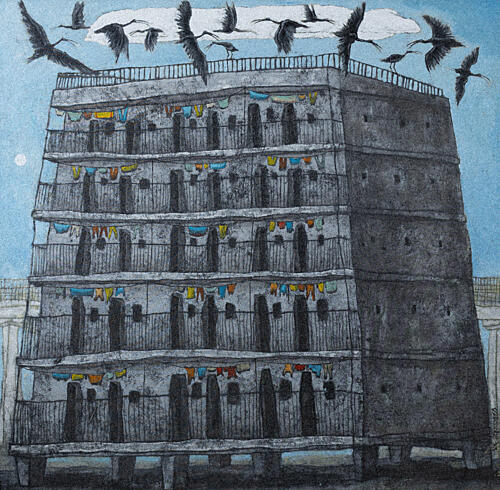 Urban Tower with Birds Art Print