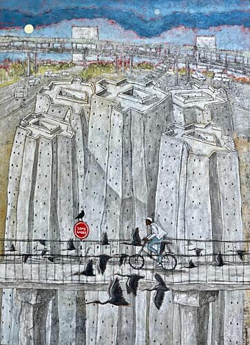Urban Bridge Cyclist Art Print