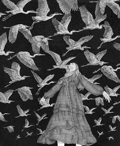 Ethereal Woman Flying Herons Art Print