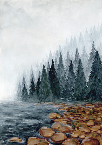 Misty Forest River Art Print