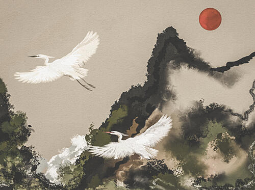 Red Sun Egret Flight Art Print