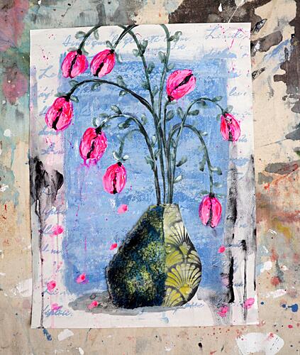Pink Blooms in Blue Art Print by Poovi Art