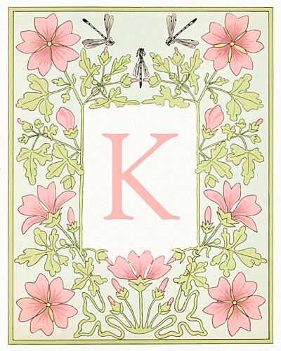 Floral K and Dragonflies Art Print by Wild Violets