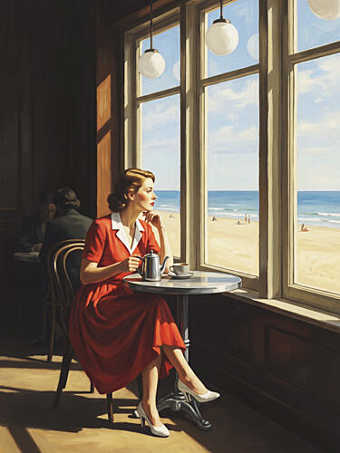 Thoughtful Woman Beach View Plage reproduction