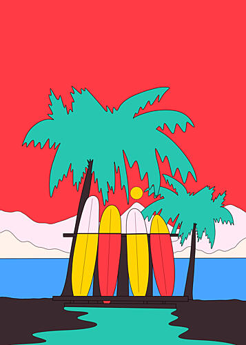 Beach Surfboards Sunset Plage reproduction