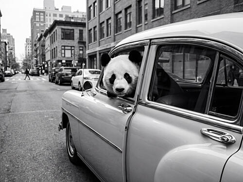 Panda in a Classic Car Art Print