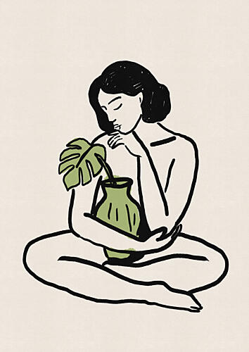 Serene Woman and Monstera Art Print