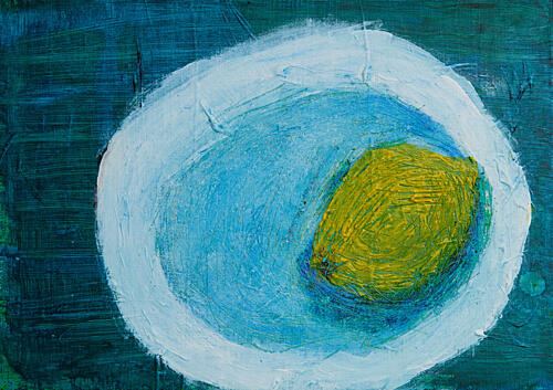 Lemon in Blue Bowl Art Print by Dale Hefer